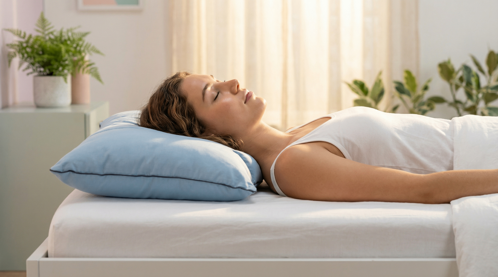 Woman sleeping on her back with Peace Pillow supporting her neck