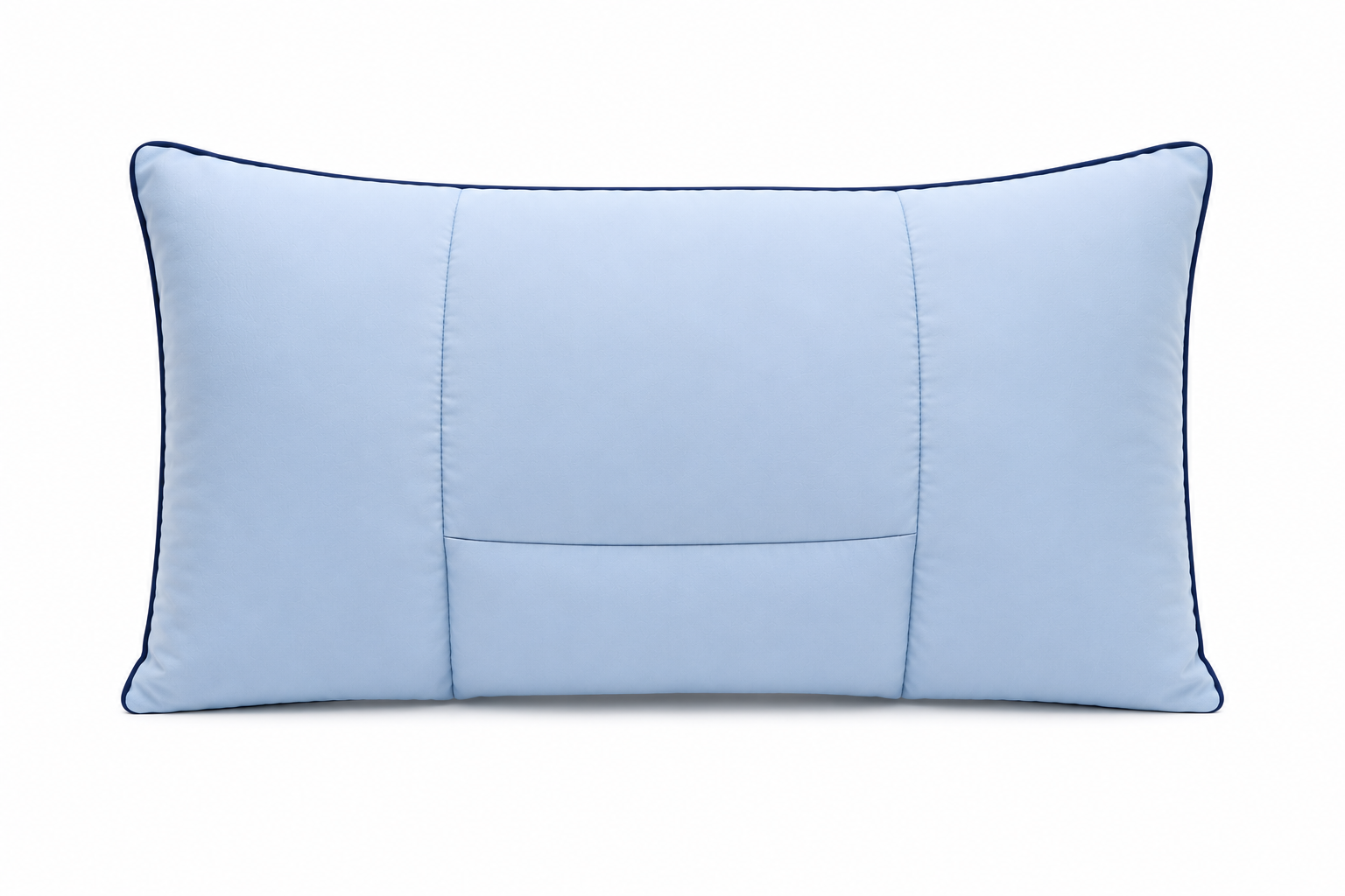 Front view of the Queen/King Peace Pillow showing its light-blue fabric, navy piping and sewn H-shaped neck-rest construction